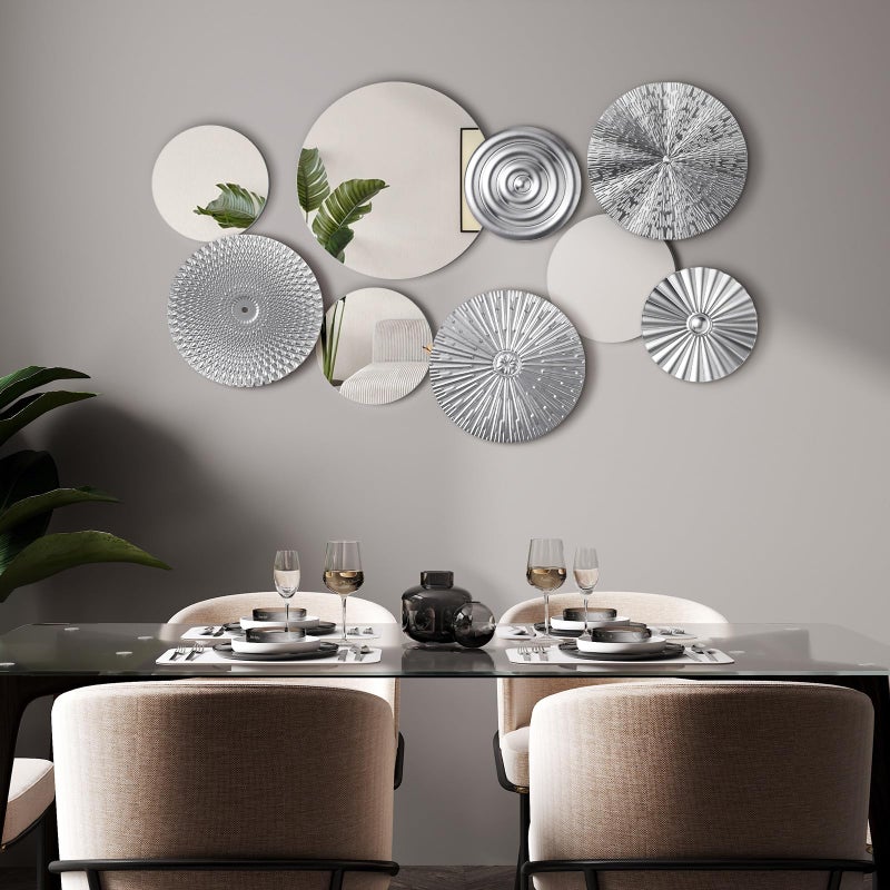 Blulu 9 Pcs Silver Mirror Wall Decor Metal Round Home Art Decor Decorative Modern Circle Mirror Wall Art Sculpture Hanging Decorations for Home Living Room Office - Image 2