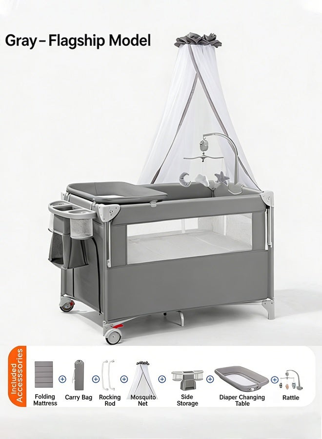 TAKHTEELA 5-in-1 Portable Baby Crib, Foldable Baby Bed Bassinet, Adjustable Newborn Infant Baby Cot & Rocking Bassinet with Mosquito Net, Changing Table, Install-Free Newborn Travel Bed (0–3 Years) - Image 1