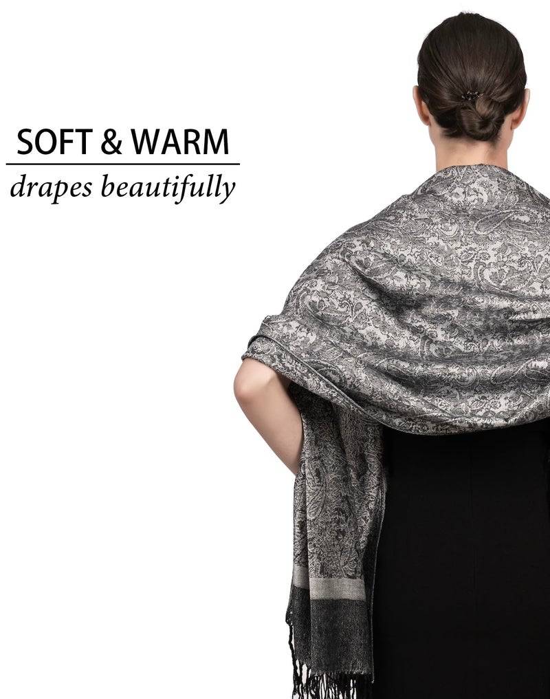 Achillea Two Tone Vintage Jacquard Paisley Pashmina Shawl Wrap Scarf (Light Grey) - Image 4