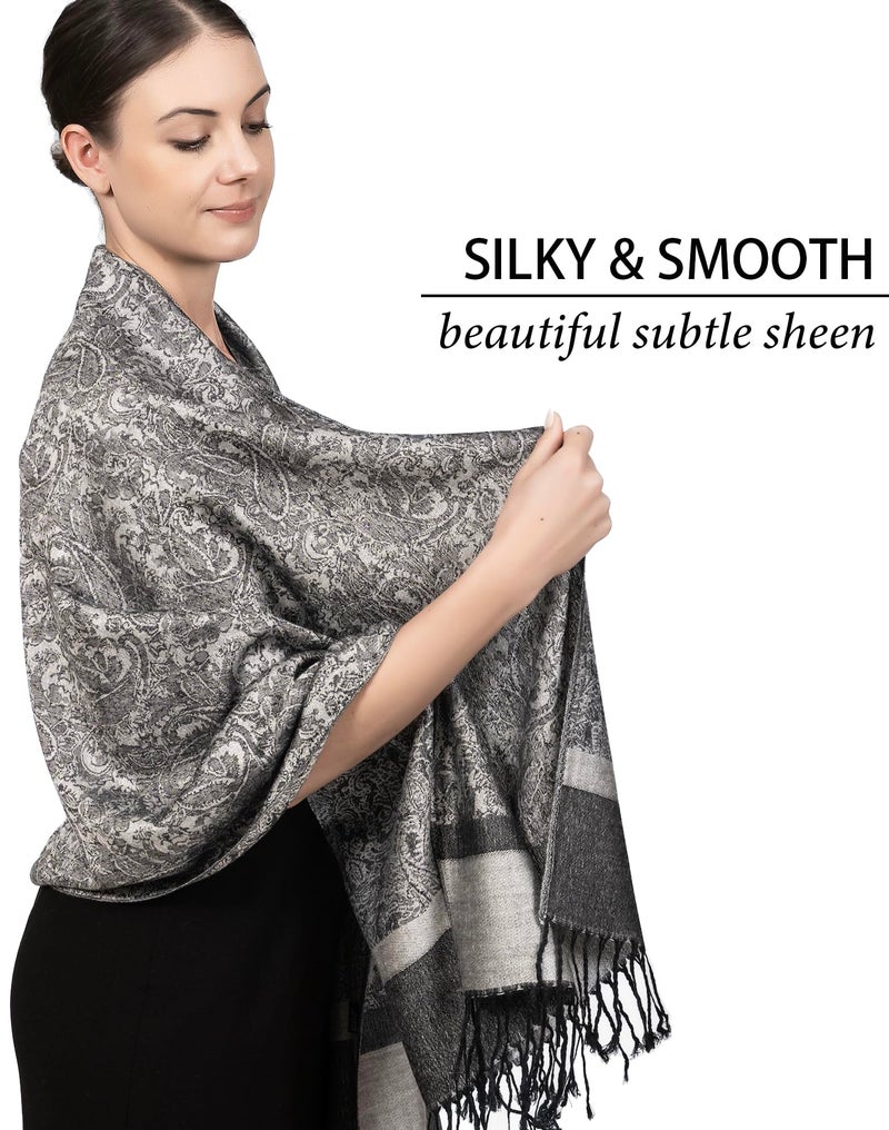Achillea Two Tone Vintage Jacquard Paisley Pashmina Shawl Wrap Scarf (Light Grey) - Image 2