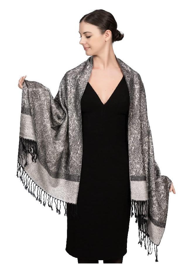 Achillea - Achillea Two Tone Vintage Jacquard Paisley Pashmina Shawl Wrap Scarf (Light Grey) - Image 1