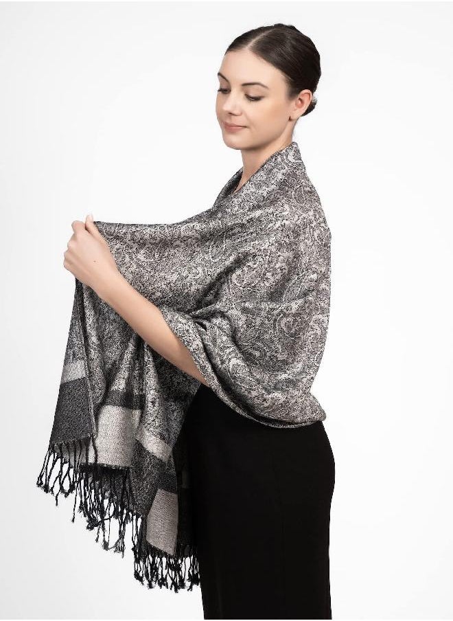 Achillea - Achillea Two Tone Vintage Jacquard Paisley Pashmina Shawl Wrap Scarf (Light Grey) - Image 1