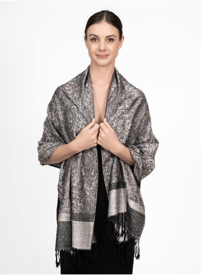 Achillea - Achillea Two Tone Vintage Jacquard Paisley Pashmina Shawl Wrap Scarf (Light Grey) - Image 1