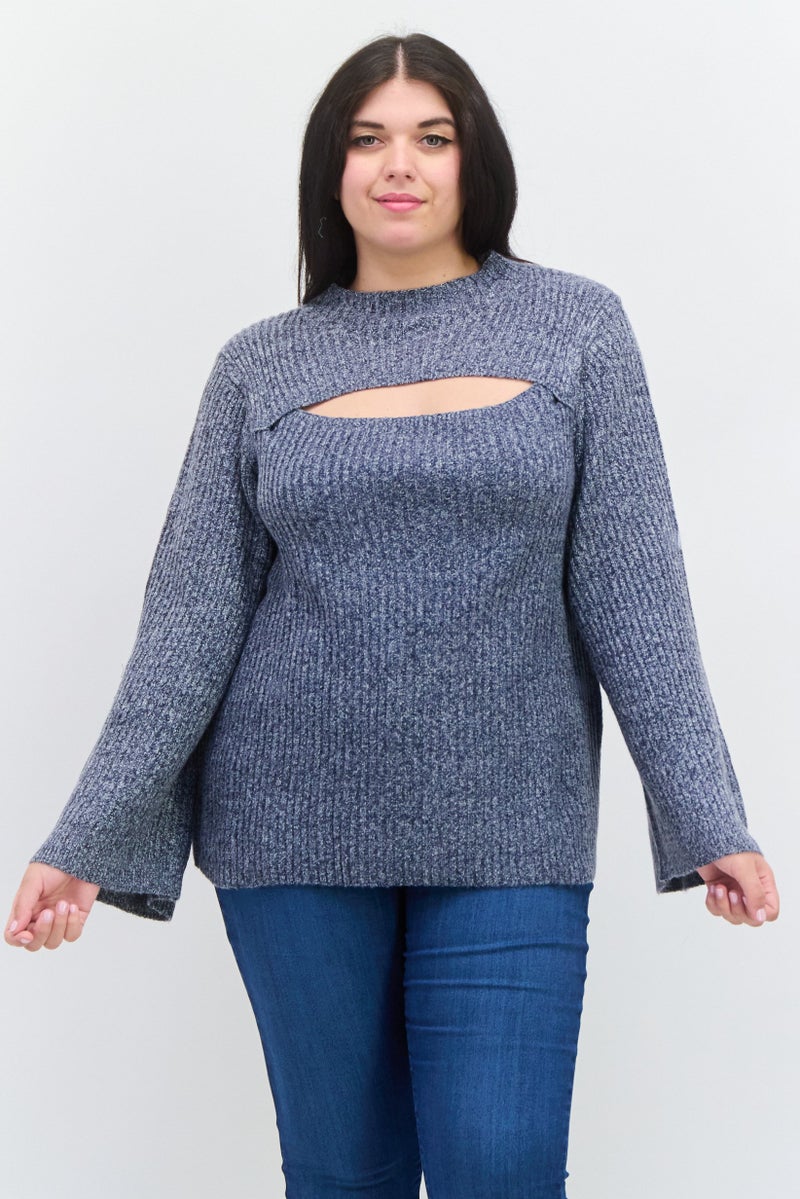 Jessica Simpson Women Plus Size Mock Neck Long Sleeve Knitted Sweater, Light Navy - Image 1