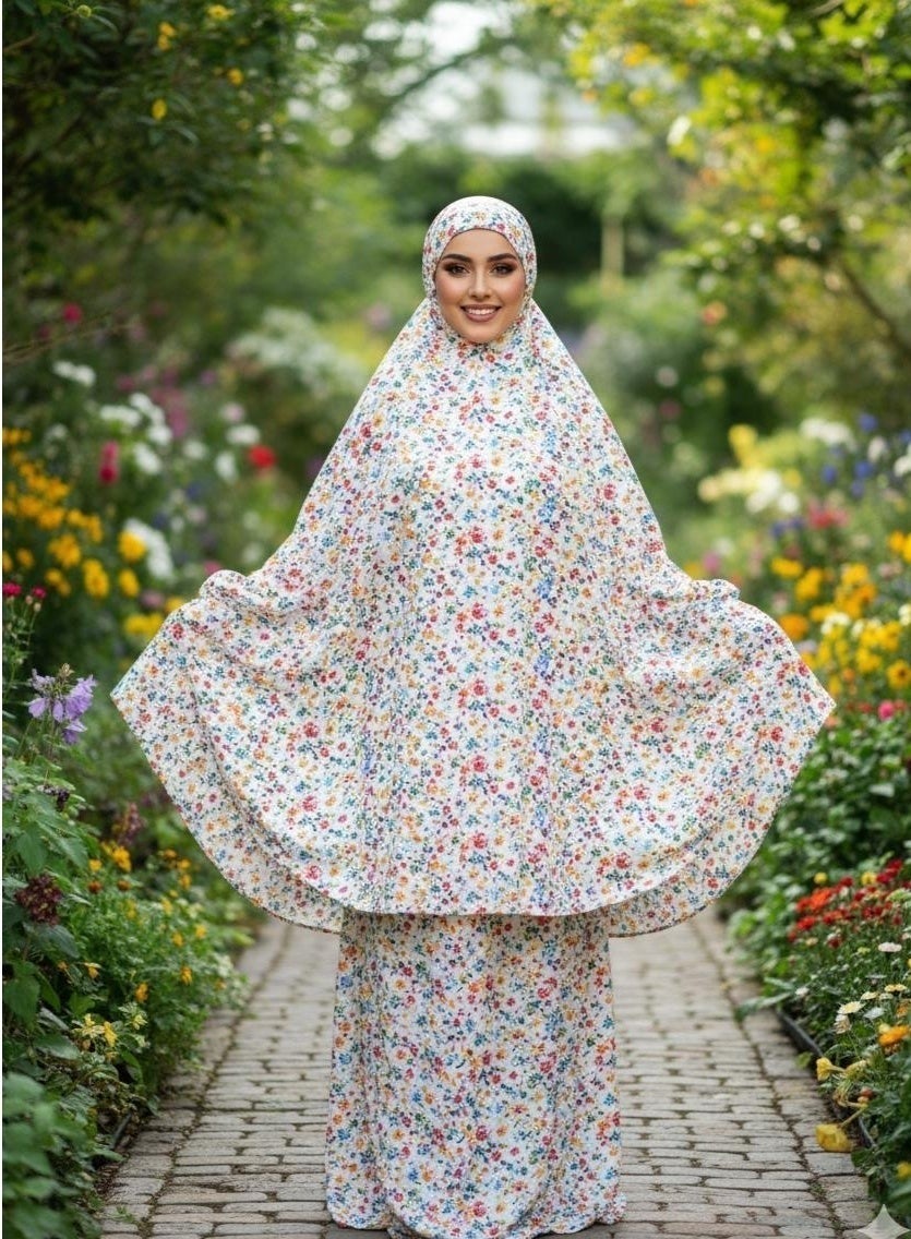Prayer Dress For Women 2 Piece Big Outfit Full Cover Prayer Dress Soft Breathable Material Cotton, One Size white base with Multicolor design
