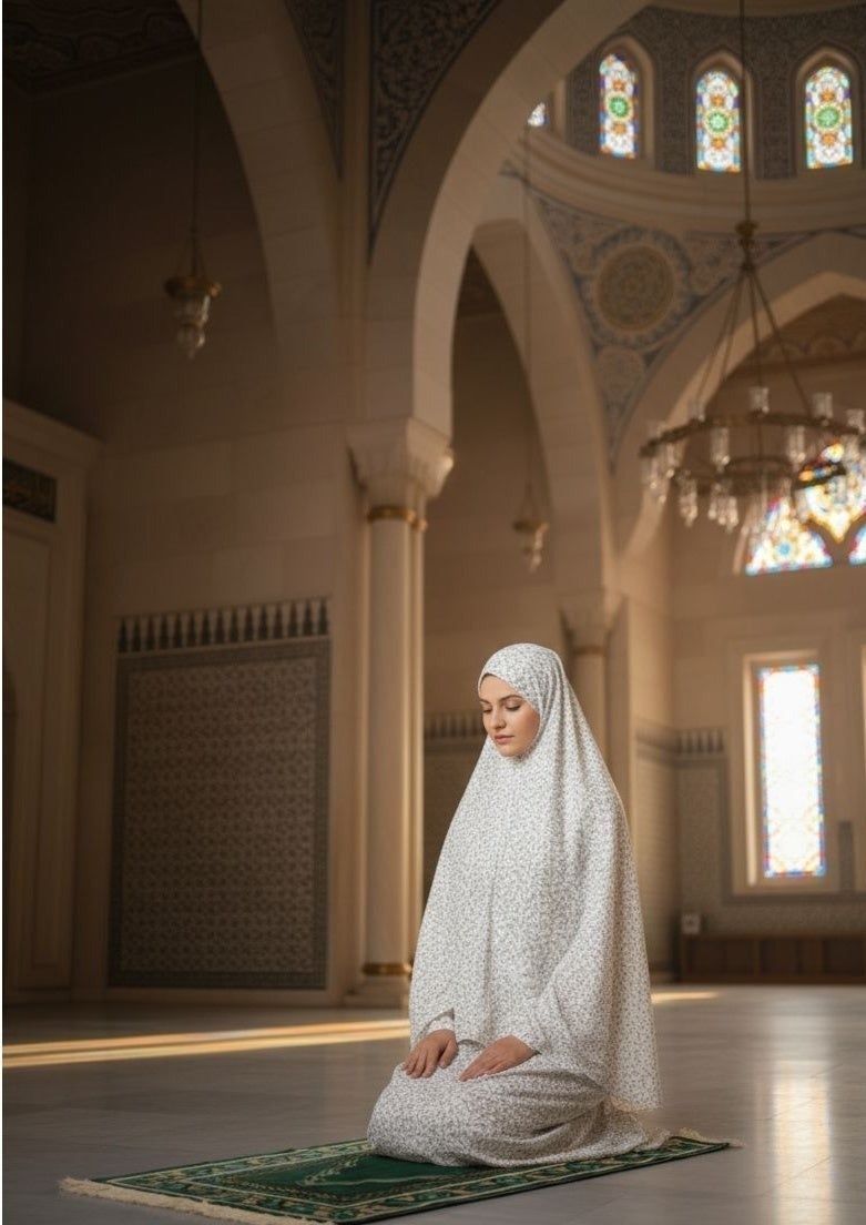 AMYAE Prayer Dress For Women 2 Piece Big Outfit Full Cover Prayer Dress Soft Breathable Material Cotton, One Size white base with Multicolor design - Image 5