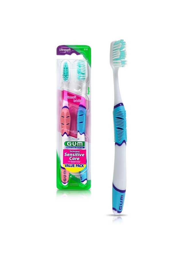 جم فرشاة أسنان تكنيك للعناية الحساسة بمقبض رباعي الإمساك، ورأس كامل وشعيرات فائقة النعومة لإزالة البلاك ولطيفة على اللثة، قطعتان - Image 1