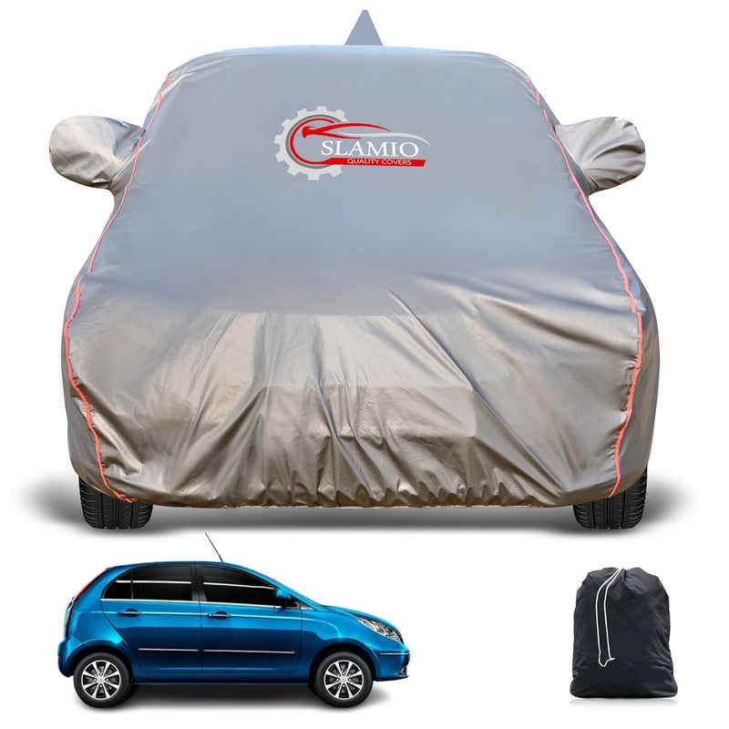 Slamio Heavy-Duty Car Body Cover for Tata Vista | Waterproof, Dustproof, UV Protection, Custom Fit, Heavy Belt & Buckle with Mirror & Antenna Pocket | Dark Grey - Image 1