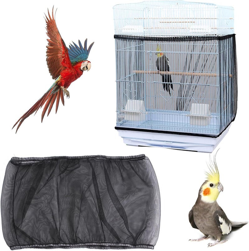 PUSNMI Bird Cage Seed Catcher, Bird Cage Net Cover Adjustable Bird Cage Netting Seed Catcher for Bird Cages Seed Catcher Guard Net Cover Bird Cage Skirt for Parrot Parakeet Macaw Round Square Cages - Black - Image 1