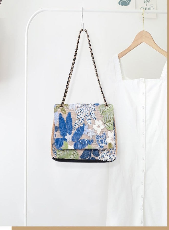 QTKJ Handmade Sequin Embroidery Straw Tote - Bohemian Shoulder Bag, Large Capacity, Perfect for Vacation, Travel, Daily Use & Banquets (Blue Flower) - Image 4