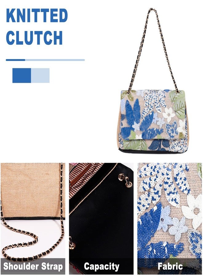 QTKJ Handmade Sequin Embroidery Straw Tote - Bohemian Shoulder Bag, Large Capacity, Perfect for Vacation, Travel, Daily Use & Banquets (Blue Flower) - Image 3