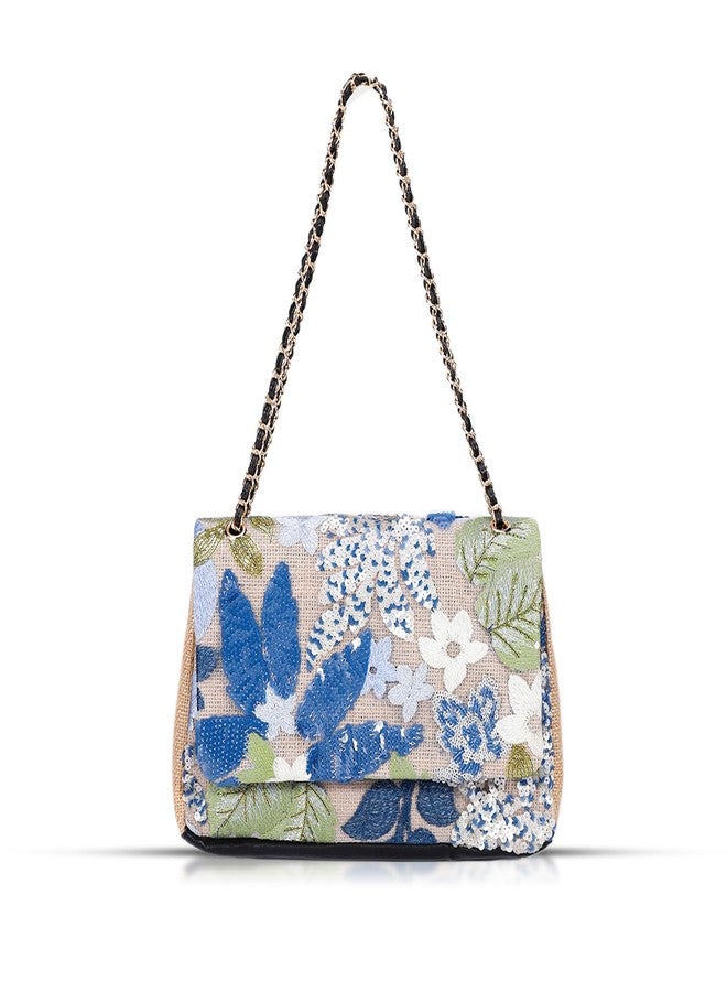 QTKJ Handmade Sequin Embroidery Straw Tote - Bohemian Shoulder Bag, Large Capacity, Perfect for Vacation, Travel, Daily Use & Banquets (Blue Flower) - Image 1
