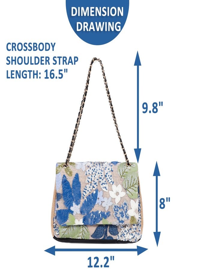 QTKJ Handmade Sequin Embroidery Straw Tote - Bohemian Shoulder Bag, Large Capacity, Perfect for Vacation, Travel, Daily Use & Banquets (Blue Flower) - Image 2