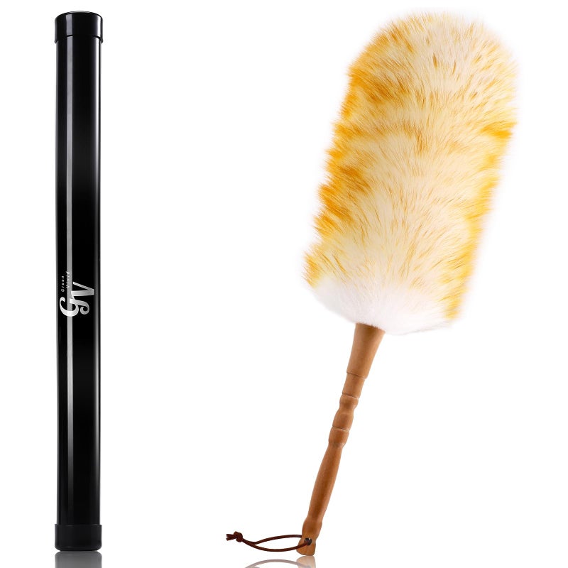 Green Vivid Lambswool Duster with Solid Wooden Handle,Leather Hang Strap,18.9 inch Long,Natural Feather Duster for Cleaning Ceiling Fans,Window Blinds,Computer Screens,Bookshelves etc - Image 1