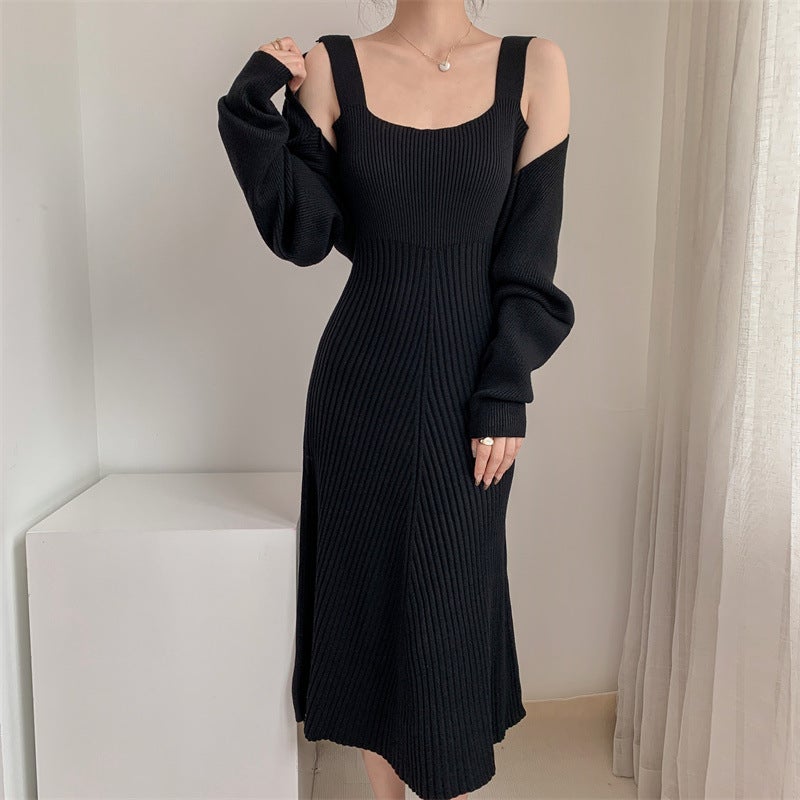 2023 Summer Ice Silk Long Dress Spice Girls Solid Color Sling Dress Womens Slim-fit Knitted Long Hip Sling Long Dress Black Coat