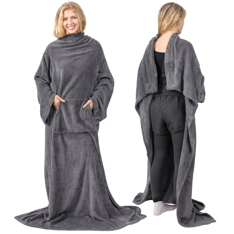 PAVILIA PAVILIA Grey Fleece Wearable Blanket with Sleeves for Adults Women Men  Soft Warm Full Body Wrap Throw  Sweatshirt Pocket  Cozy Pullover Robe Blanket with Arm  Gifts for Christmas Mom Wife  - Image 1