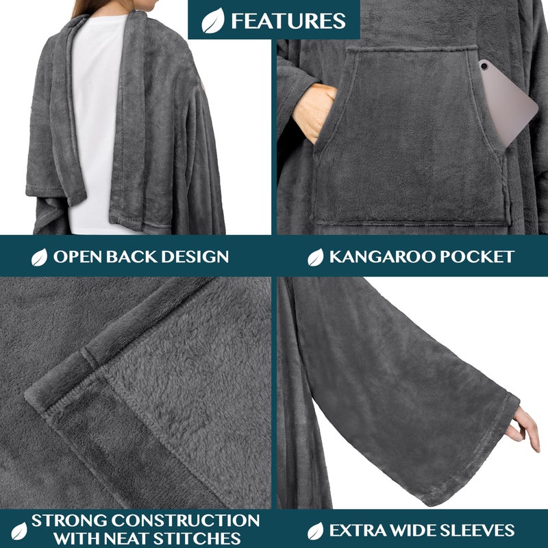 PAVILIA PAVILIA Grey Fleece Wearable Blanket with Sleeves for Adults Women Men  Soft Warm Full Body Wrap Throw  Sweatshirt Pocket  Cozy Pullover Robe Blanket with Arm  Gifts for Christmas Mom Wife  - Image 3