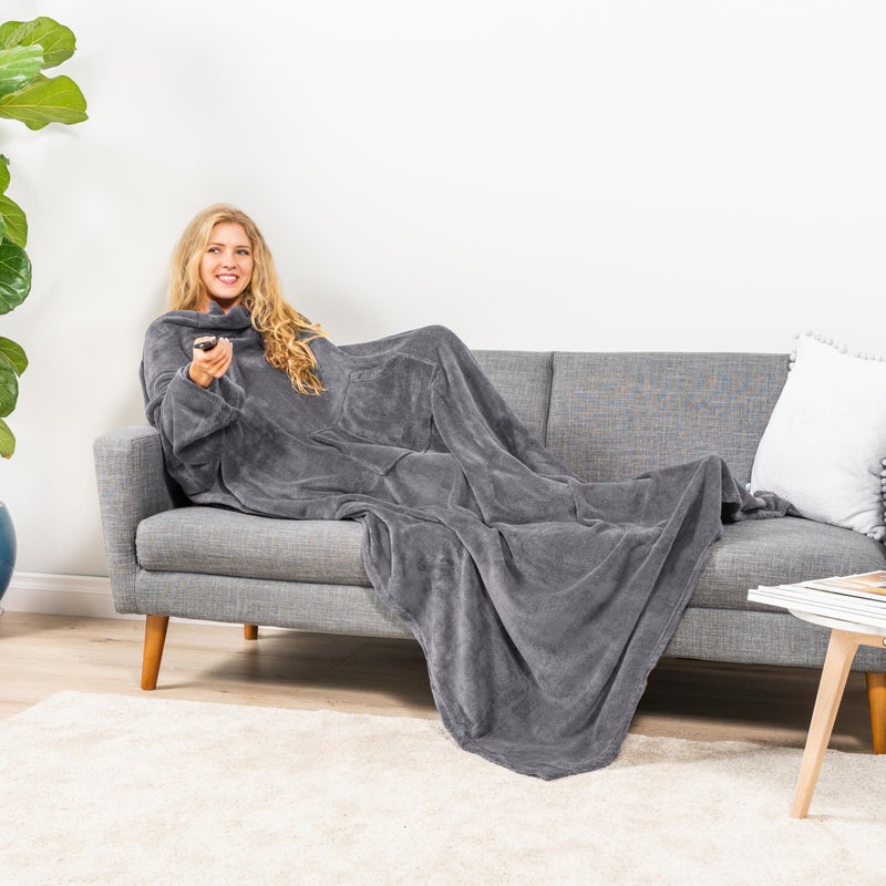 PAVILIA PAVILIA Grey Fleece Wearable Blanket with Sleeves for Adults Women Men  Soft Warm Full Body Wrap Throw  Sweatshirt Pocket  Cozy Pullover Robe Blanket with Arm  Gifts for Christmas Mom Wife  - Image 5