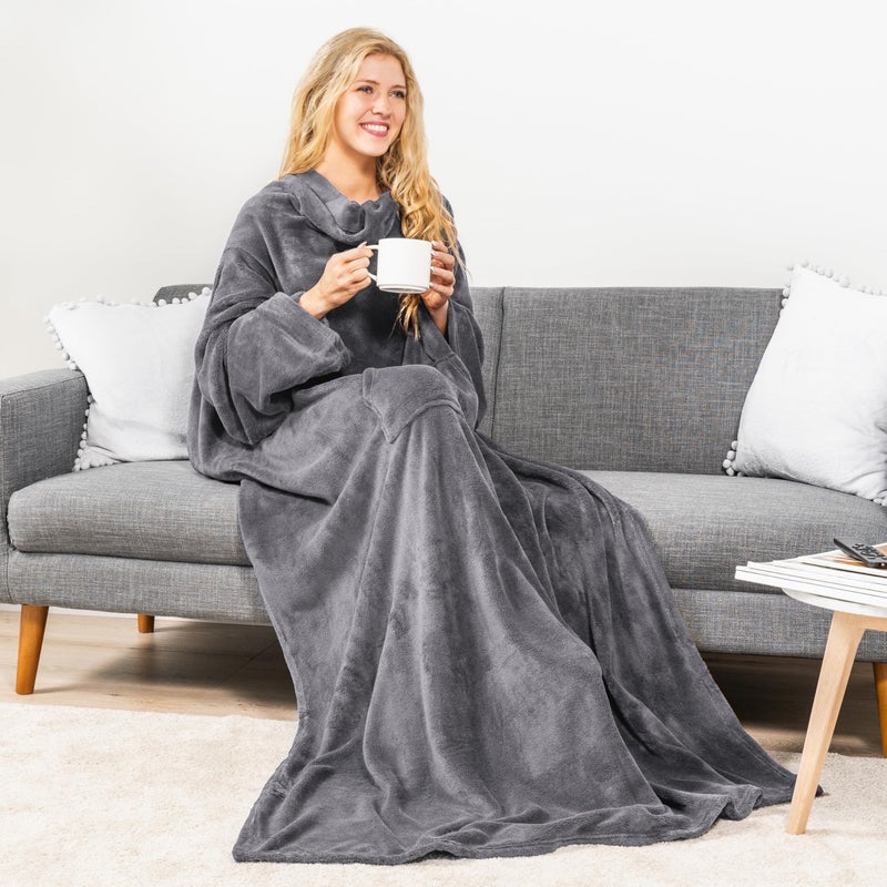 PAVILIA PAVILIA Grey Fleece Wearable Blanket with Sleeves for Adults Women Men  Soft Warm Full Body Wrap Throw  Sweatshirt Pocket  Cozy Pullover Robe Blanket with Arm  Gifts for Christmas Mom Wife  - Image 2
