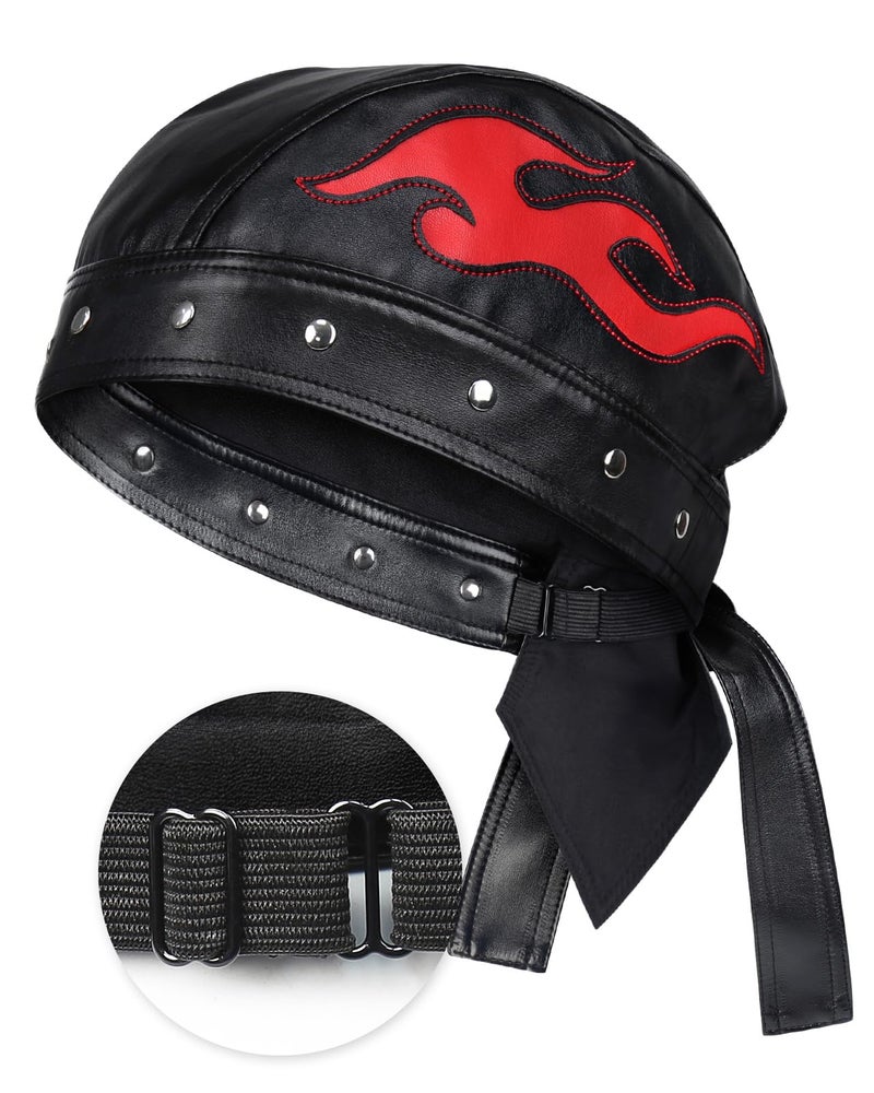 Hachapy Womens Leather Biker Hat Adjustable Strap Skull Cap for Riding Red - Image 2