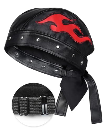 Hachapy Womens Leather Biker Hat Adjustable Strap Skull Cap for Riding Red - Image 1