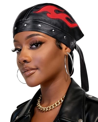 Hachapy Womens Leather Biker Hat Adjustable Strap Skull Cap for Riding Red - Image 3