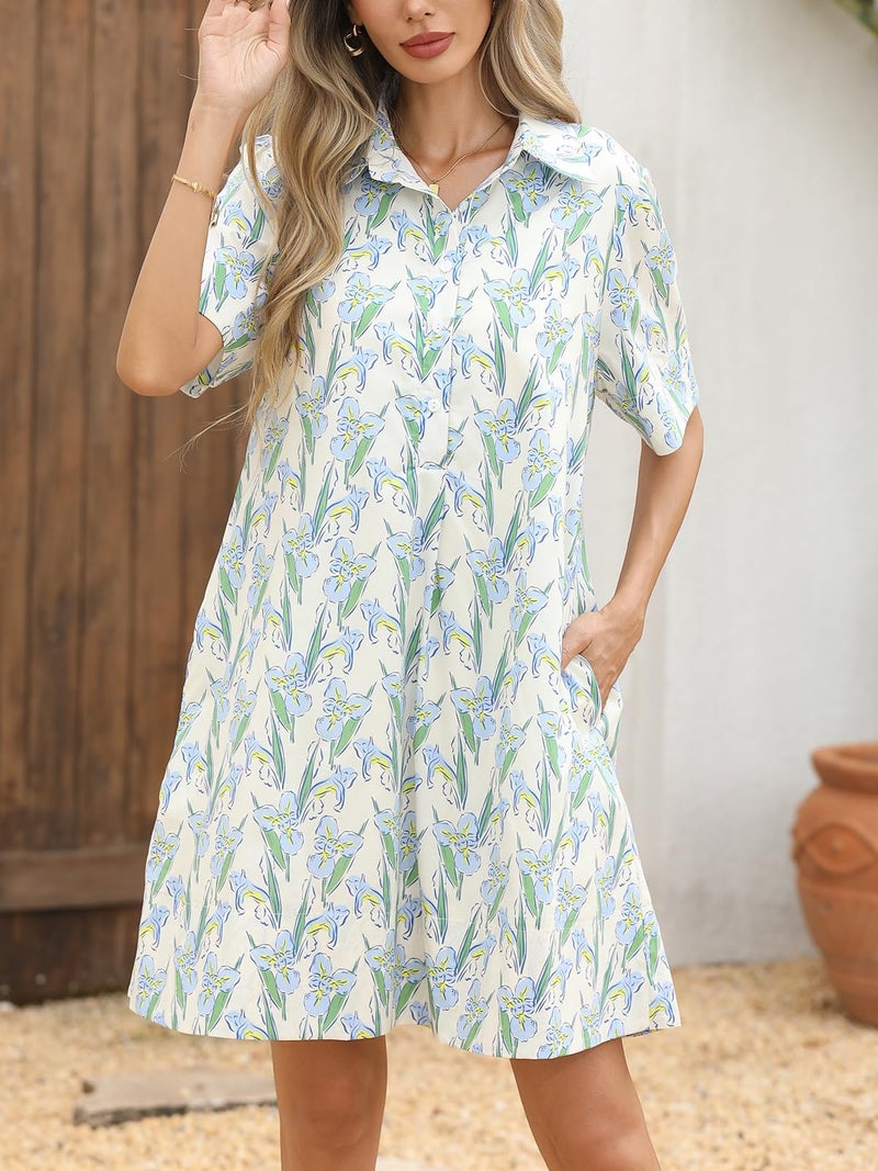 LifeShe Summer Floral Dress Women's Printed Casual Sundress Short Sleeve Button Up Shirt Dresses with Pockets Blue - Image 4