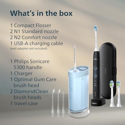 Philips Sonicare Compact Flosser 1000 Blue ProtectiveClean 5300 Rechargeable Electric Toothbrush and 2PK Compact Nozzle Bundle - Image 3