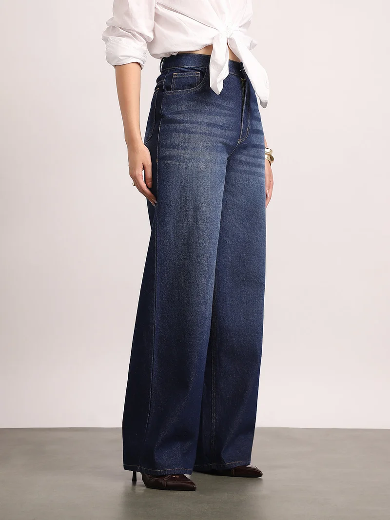 أوربانو فاشن Urbano Fashion Women's Dark Blue High Rise Loose Baggy Fit Washed Jeans Non-Stretchable