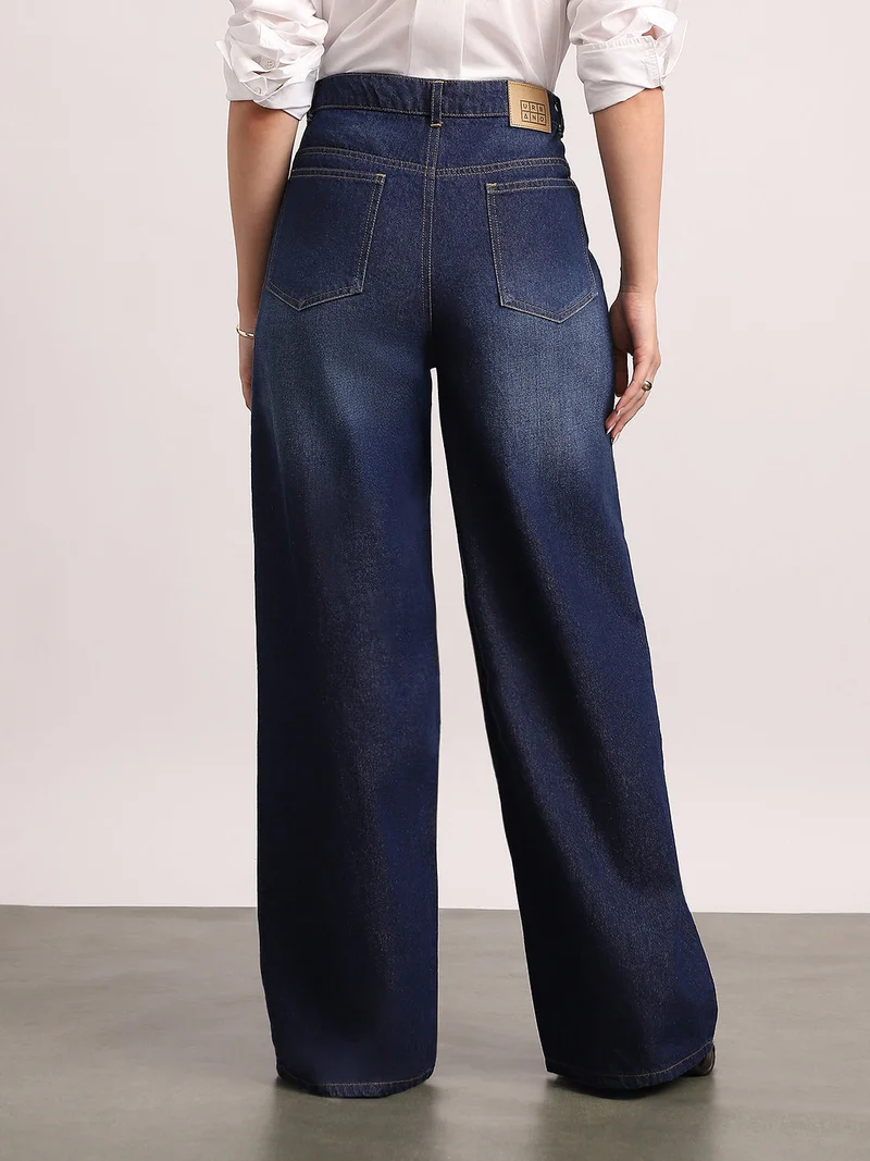 Urbano Fashion  Urbano Fashion Women's Dark Blue High Rise Loose Baggy Fit Washed Jeans Non-Stretchable  | Best Price UAE