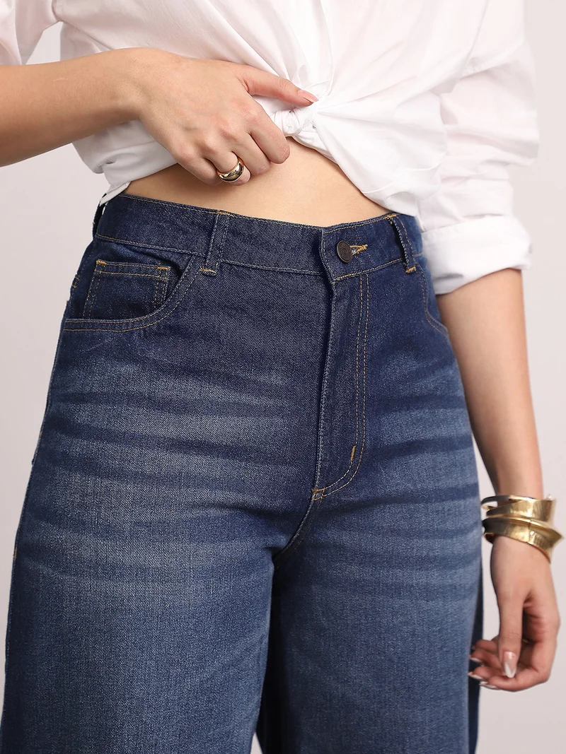 Urbano Fashion  Urbano Fashion Women's Dark Blue High Rise Loose Baggy Fit Washed Jeans Non-Stretchable  | Best Price UAE