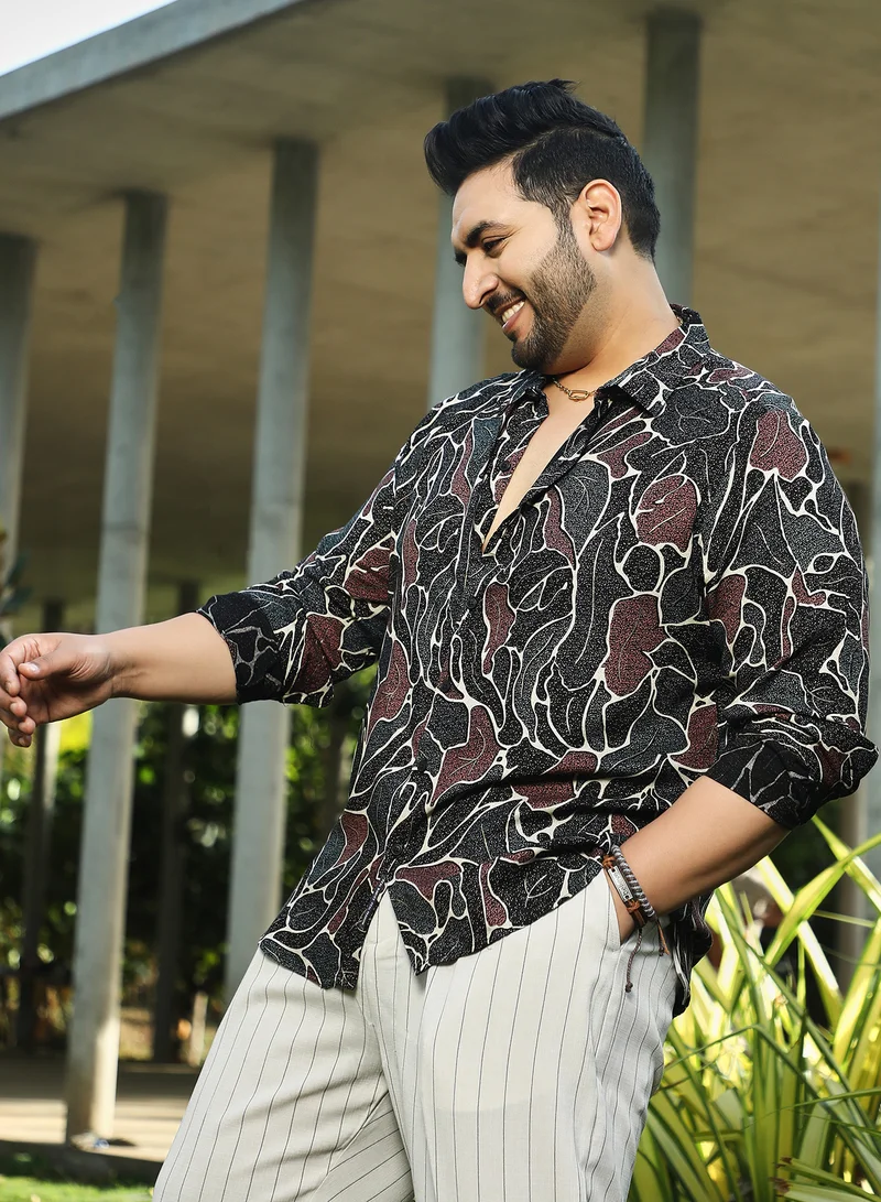 Instafab Plus Instafab Plus Men's Black & Brown Speckled-Foliage Regular Shirt For Casual Wear | Spread Collar | Long Cuffed Sleeves | Button Closure | Plus Size Shirt Crafted With Comfort Fit For Everyday Wear