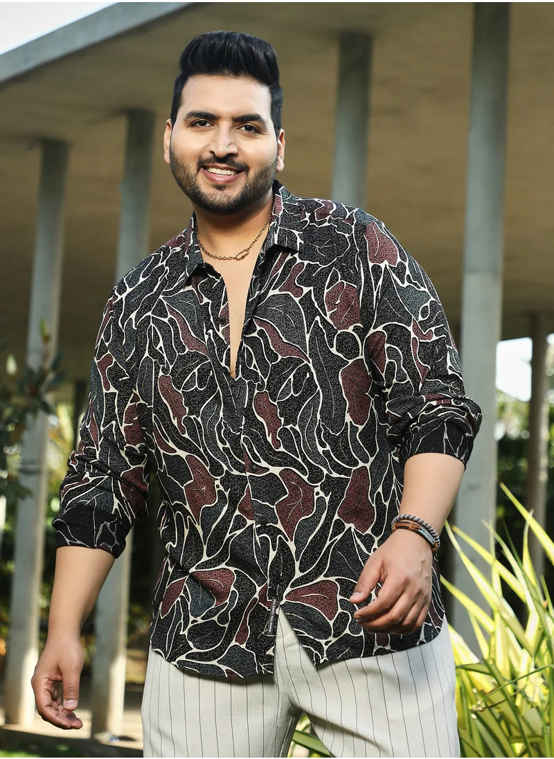 انستافاب بلس Instafab Plus Men's Black & Brown Speckled-Foliage Regular Shirt For Casual Wear | Spread Collar | Long Cuffed Sleeves | Button Closure | Plus Size Shirt Crafted With Comfort Fit For Everyday Wear