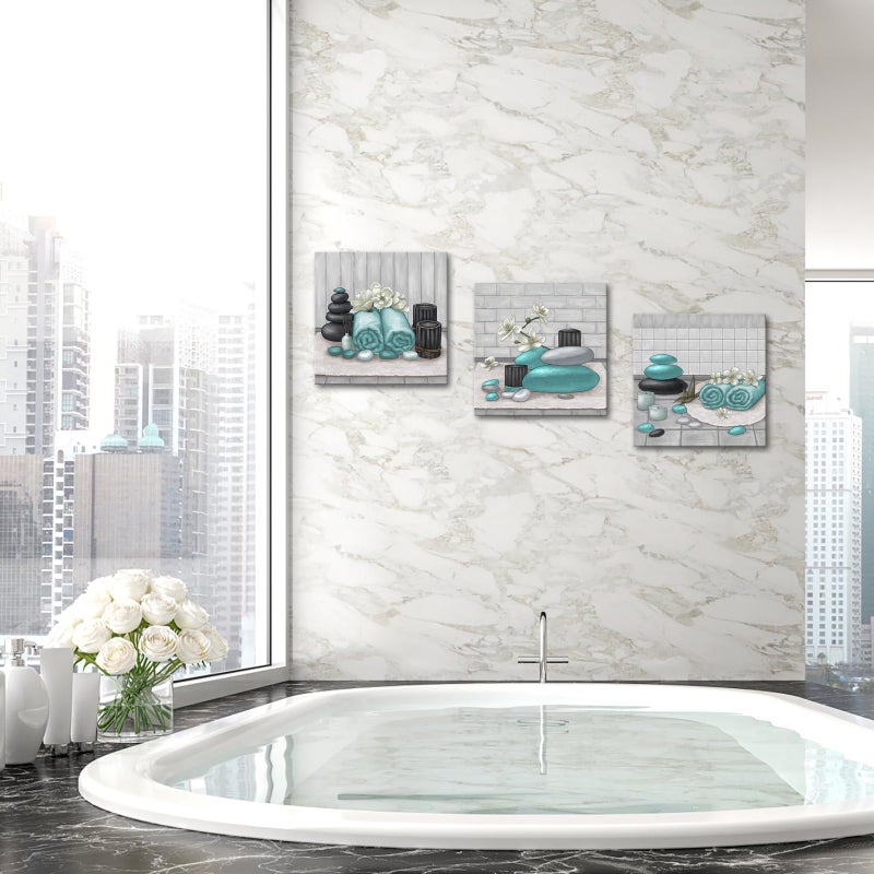 RnnJoile Spa Canvas Wall Art Teal Bathroom Pictures Painting Zen Stone Orchid Still Life Prints for Bathroom Zen Meditation Room Decor Framed 12"x12" for Each - Image 5