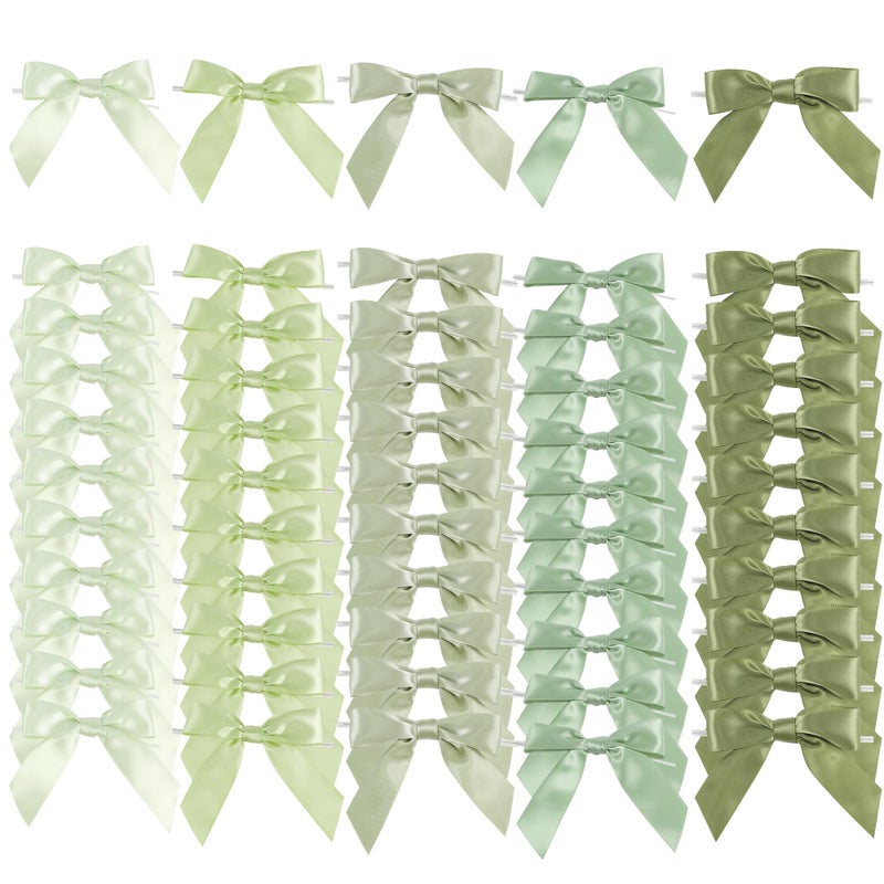 AIMUDI 5 Colors Sage Green Twist Tie Bows 35 Premade Satin Ribbon Bows for Gift Wrapping PreTied Green Bows for Crafts Wedding Decoration Baby Shower Birthday Party Favors Spring  50 Counts