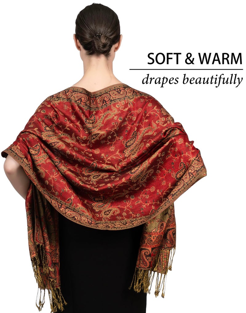 Achillea شال باهت من أشيليا ناعم وحريري قابل للعكس بتصميم بايسلي مع أطراف (أحمر) - Image 5