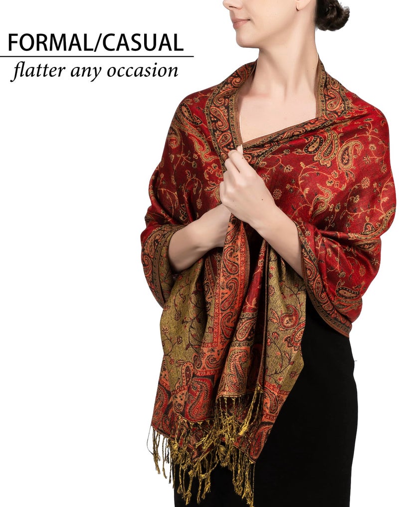 Achillea شال باهت من أشيليا ناعم وحريري قابل للعكس بتصميم بايسلي مع أطراف (أحمر) - Image 2