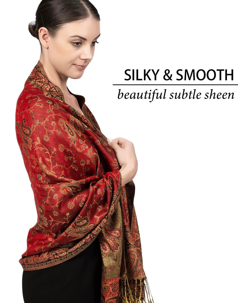 Achillea شال باهت من أشيليا ناعم وحريري قابل للعكس بتصميم بايسلي مع أطراف (أحمر) - Image 4