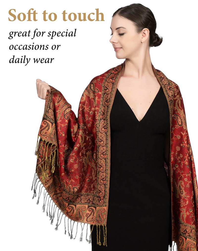 Achillea شال باهت من أشيليا ناعم وحريري قابل للعكس بتصميم بايسلي مع أطراف (أحمر) - Image 3