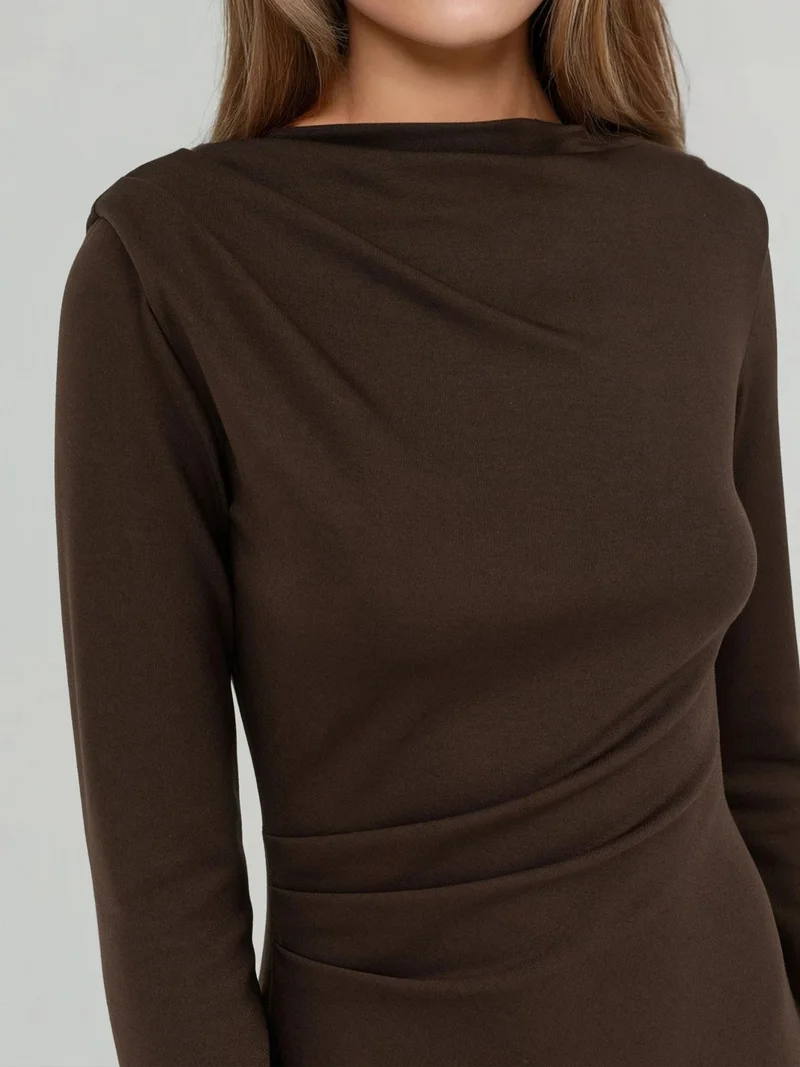 HICCUP Chestnut Brown Drapped Mini Dress with Crew Neck for Women | Best Price UAE