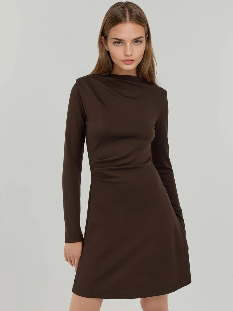 HICCUP Chestnut Brown Drapped Mini Dress with Crew Neck for Women | Best Price UAE