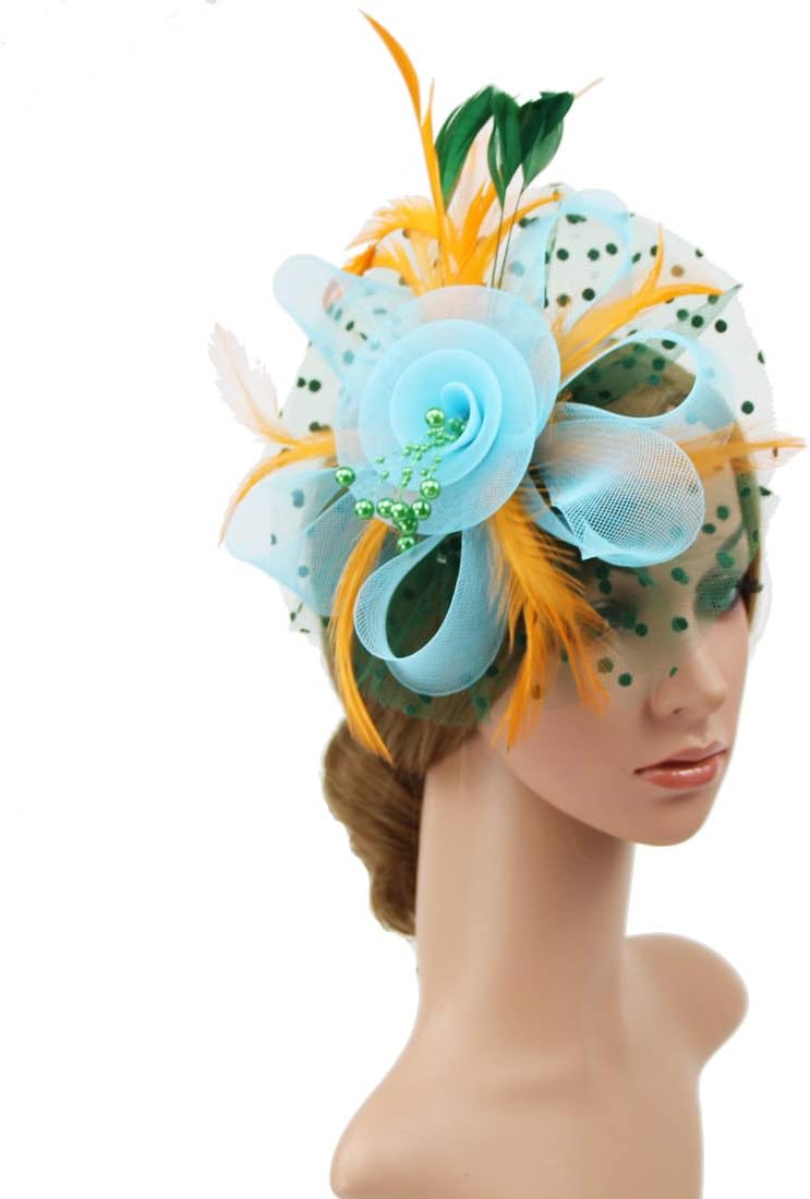 DRESHOW Fascinators Hat Flower Mesh Ribbons Feathers on a Headband and a Clip Tea Party Headwear for Girls and Women - Image 3