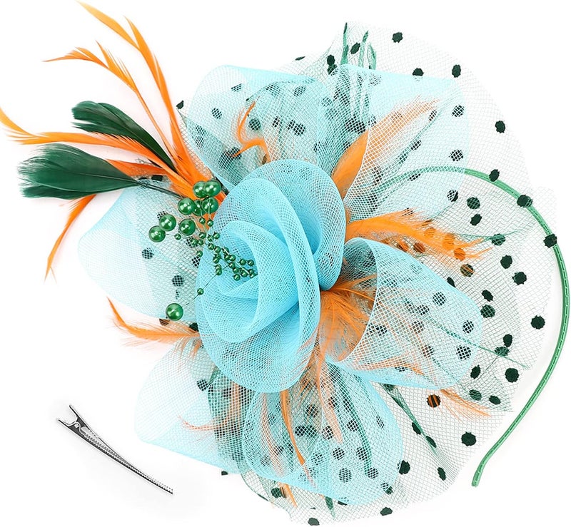 DRESHOW Fascinators Hat Flower Mesh Ribbons Feathers on a Headband and a Clip Tea Party Headwear for Girls and Women - Image 1