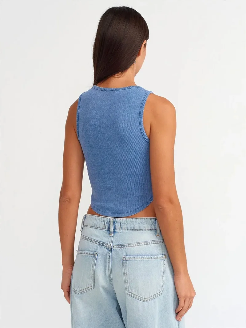 Dilvin Dilvin Women's Ribbed Crop Blouse With Buttons