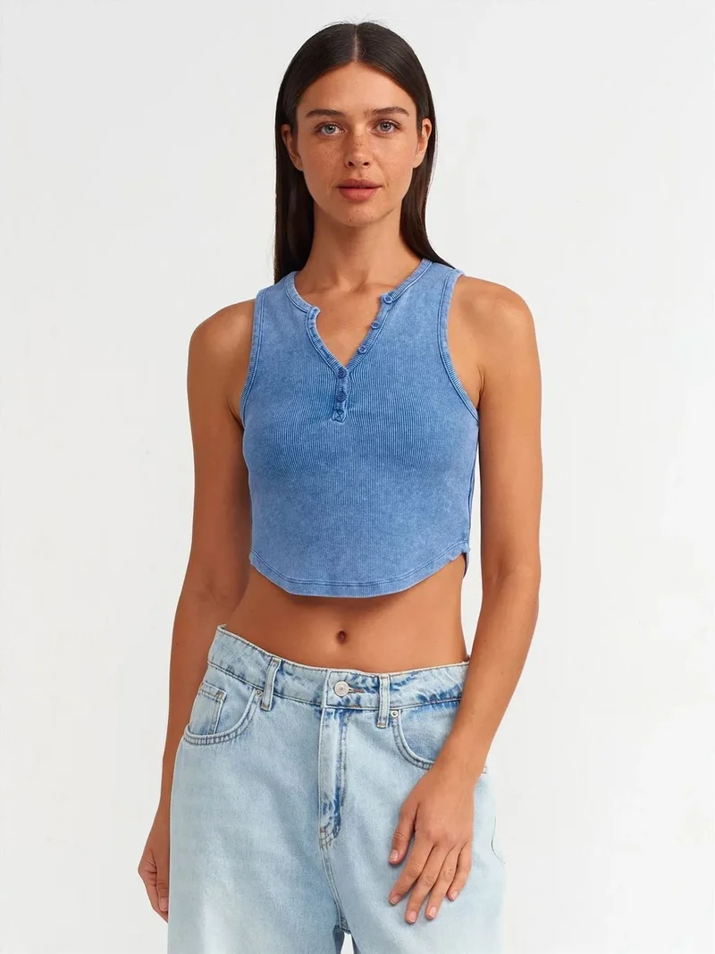 Dilvin Dilvin Women's Ribbed Crop Blouse With Buttons