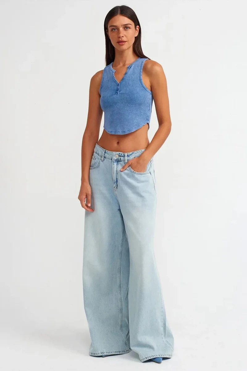 Dilvin Maya Blue DILVIN Women's Ribbed Crop Blouse With Buttons for Women | Best Price UAE