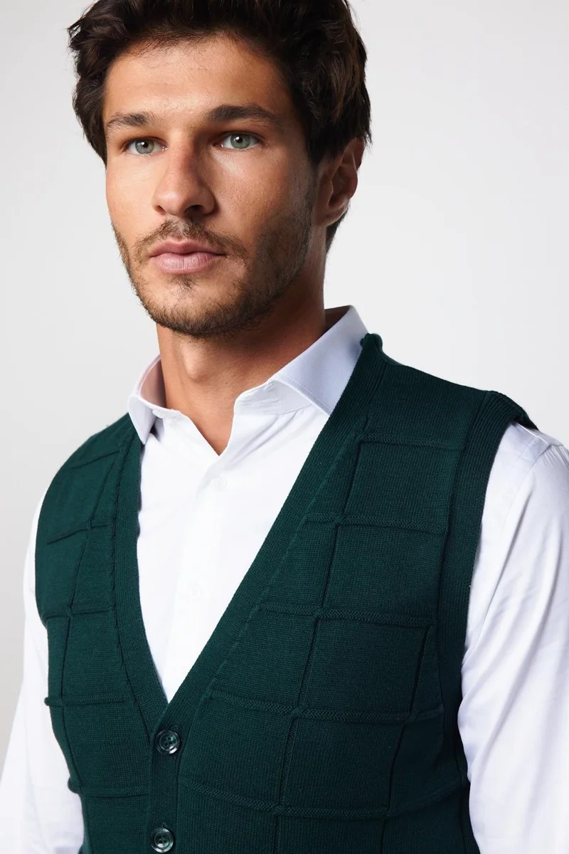 Tudors Slim Fit Square Patterned Green Men's Vest