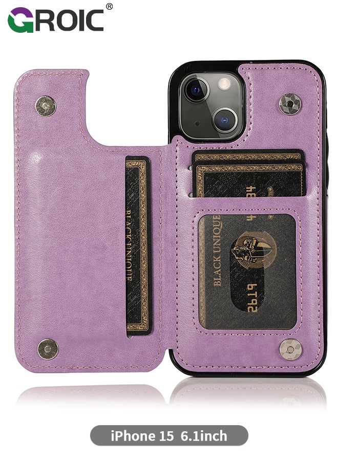 GROIC Design for iPhone 15 6.1 Inch Wallet Case with Card Holder, PU Leather Kickstand Card Slots Back Flip Case, Double Magnetic Clasp Shockproof Cover Stand Kickstand Flip Protective Cover - Image 1