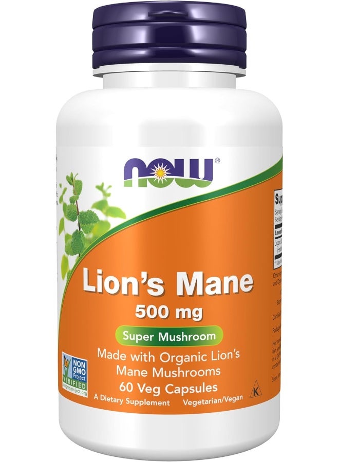NOW Supplements, Lion's Mane 500 mg, Super Mushroom, Made with Organic Lion's Mane Mushrooms, 60 Veg Capsules - Image 1