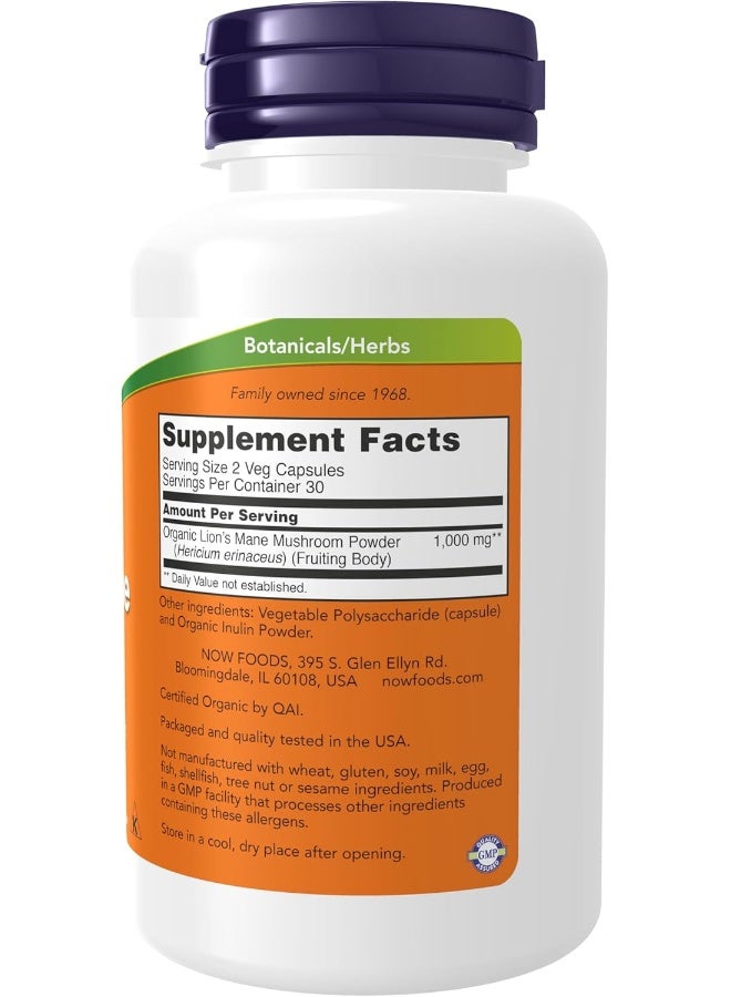NOW Supplements, Lion's Mane 500 mg, Super Mushroom, Made with Organic Lion's Mane Mushrooms, 60 Veg Capsules - Image 2